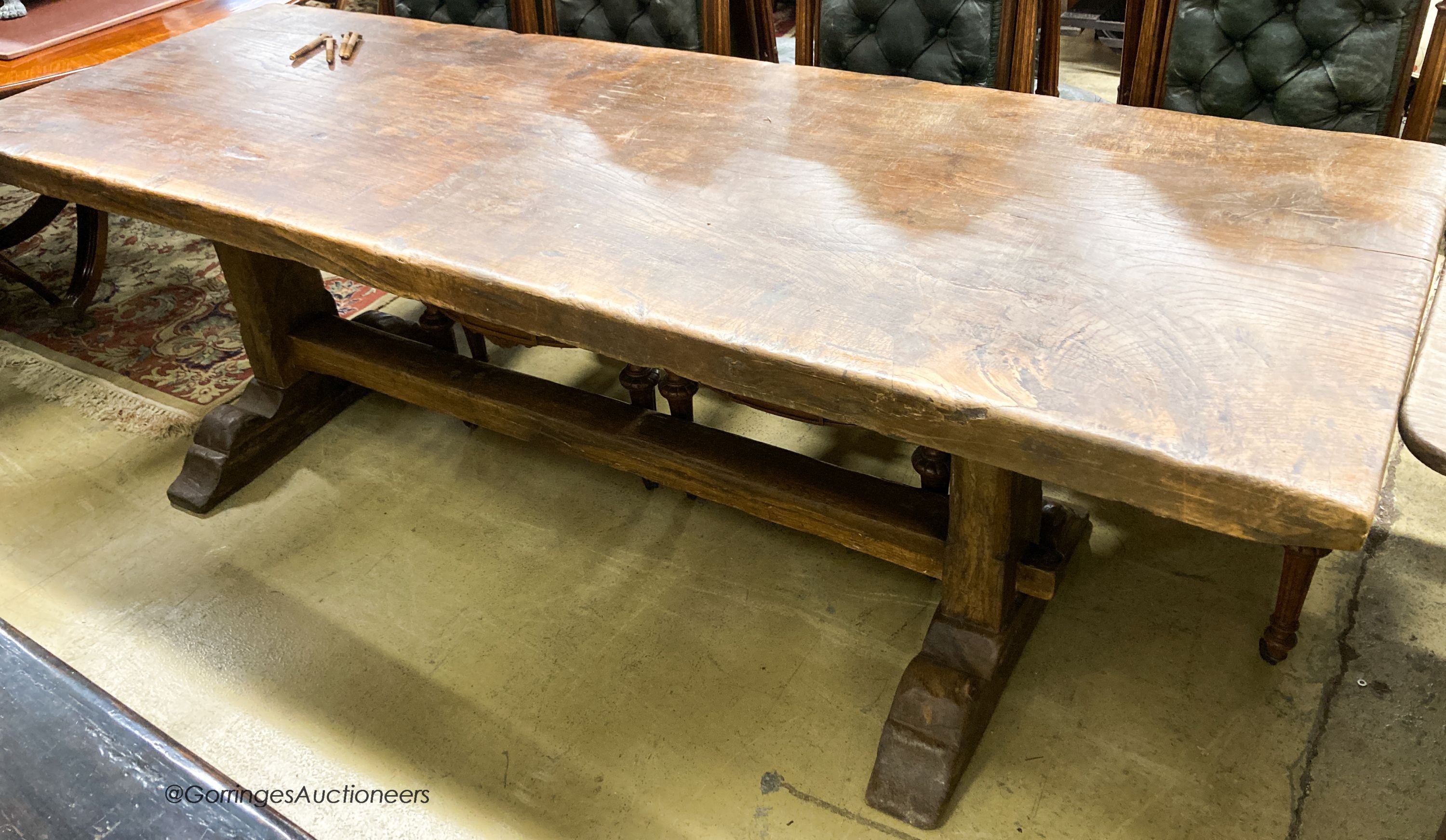 An oak single plank farmhouse table, late 19th century, width 220cm, depth 74cm, height 74cm